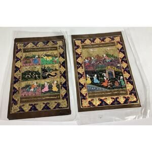Set Of 2 Hand Painted Parchment Papers W/ Vibrant Colors In Protective Holder